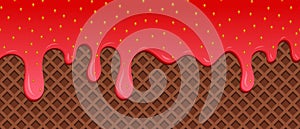 Strawberry ice cream melted on waffle background. Ð¡ream melted on waffle background. Sweet ice cream flowing down on cone. Vector