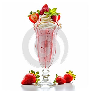 Strawberry ice cream milkshake with fresh strawberries on white background, Ai Generated