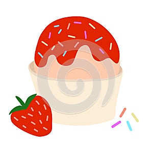 Strawberry ice cream in paper cup with red jam or sauce and colourful sprinkles, flat doodle vector