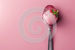 strawberry ice cream scoop on pink background.