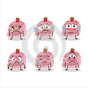 Strawberry ice cream scoops cartoon character with sad expression