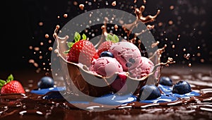 Strawberry with Ice cream Splach into Chocolate