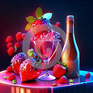 Strawberry ice cream with strawberries and bottle of champagne. Vector illustration. generative AI