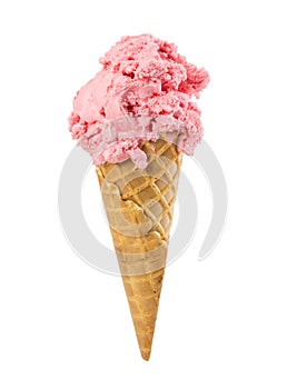 Strawberry ice cream in waffle cone isolated on white
