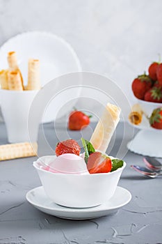 Strawberry ice cream in white plate with berrys wafer tubule