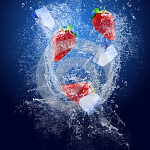 Strawberry and ice under water