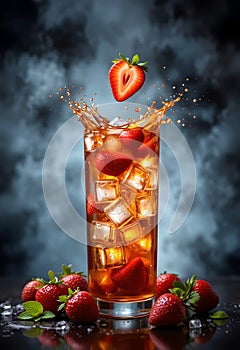Strawberry Iced Drink With Splash Effect And Dramatic Dark Background