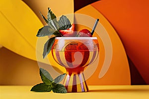 Strawberry-infused wooden cup with vibrant background