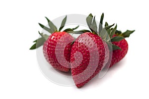 Strawberry isolated. Strawberries isolate. Strawberries with leaf isolate. Whole and half of strawberry on white. Side