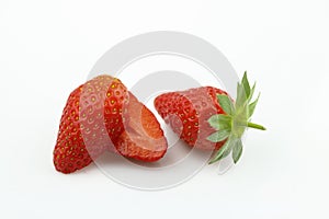 Strawberry isolated. Strawberries isolate. Whole, half, cut strawberry on white. Strawberries isolate. Side view organic