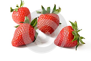 Strawberry isolated. Strawberries with leaf isolate. Whole and half of strawberry on white. Strawberries isolate. Side view