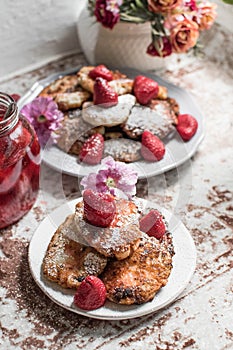 Strawberry jam, cheeses with jam, cheese cheese from cottage cheese, oliva, strawberry, still life from cheese