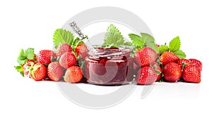 Strawberry jam and fresh berries are isolated on a white background