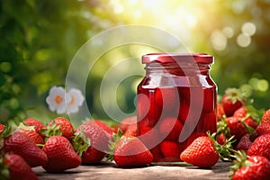 strawberry jam in glass jar and fresh berries on table outdoors