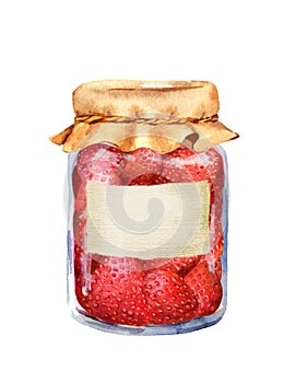 Strawberry jam in glass jar with paper label. Watercolor