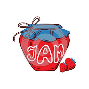 Strawberry jam jar.  Hand drawn illustration for sticker, pattern, logo design and other autumn design.  Hygge. Healthy food, diet