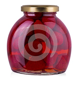 Strawberry jam jar isolated on white background.