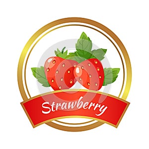 Strawberry jam label. Berries marmalade jar sticker, isolated sweet berry with green leaves vector template