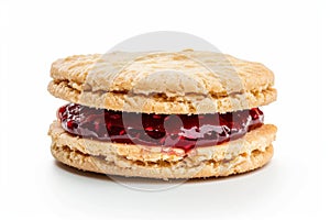 a strawberry jam sandwich cookie on white background