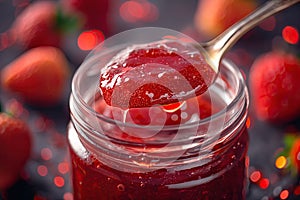 Strawberry jam. Spoon scooping homemade strawberry jam from a glass jar surrounded by fresh strawberries