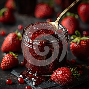 Strawberry jam. Spoon scooping homemade strawberry jam from a glass jar surrounded by fresh strawberries