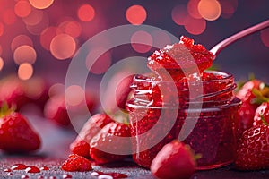 Strawberry jam. Spoon scooping homemade strawberry jam from a glass jar surrounded by fresh strawberries