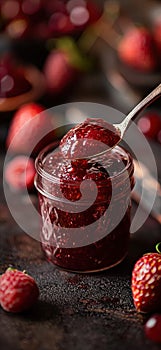 Strawberry jam. Spoon scooping homemade strawberry jam from a glass jar surrounded by fresh strawberries