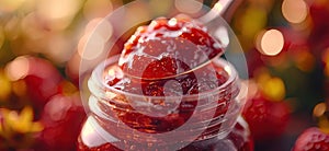 Strawberry jam. Spoon scooping homemade strawberry jam from a glass jar surrounded by fresh strawberries