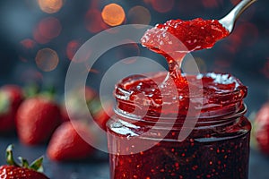 Strawberry jam. Spoon scooping homemade strawberry jam from a glass jar surrounded by fresh strawberries