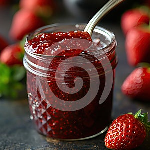 Strawberry jam. Spoon scooping homemade strawberry jam from a glass jar surrounded by fresh strawberries