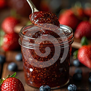 Strawberry jam. Spoon scooping homemade strawberry jam from a glass jar surrounded by fresh strawberries