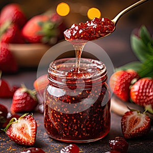 Strawberry jam. Spoon scooping homemade strawberry jam from a glass jar surrounded by fresh strawberries