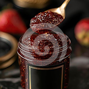 Strawberry jam. Spoon scooping homemade strawberry jam from a glass jar surrounded by fresh strawberries