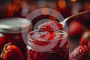 Strawberry jam. Spoon scooping homemade strawberry jam from a glass jar surrounded by fresh strawberries