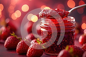 Strawberry jam. Spoon scooping homemade strawberry jam from a glass jar surrounded by fresh strawberries