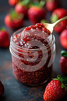 Strawberry jam. Spoon scooping homemade strawberry jam from a glass jar surrounded by fresh strawberries