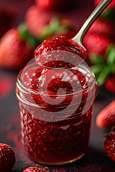 Strawberry jam. Spoon scooping homemade strawberry jam from a glass jar surrounded by fresh strawberries