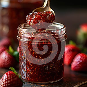 Strawberry jam. Spoon scooping homemade strawberry jam from a glass jar surrounded by fresh strawberries