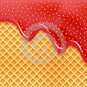 Strawberry jam on wafer vector horizontal background. Delicious dessert food texture