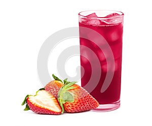 Glass of strawberry juice with pile of fresh strawberries fruit isolated on white