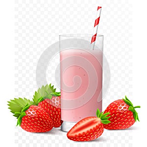 Strawberry juice, cocktail, smoothie or yogurt in glass with straw. Whole and half of strawberry, isolated on transparent