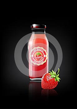 Strawberry juice in a glass bottle for design advertisement and vintage logo, fruit, transparent, Vector