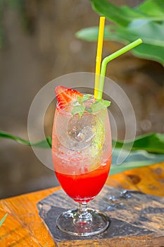 Strawberry juice mix soda set on the table ready to serve.