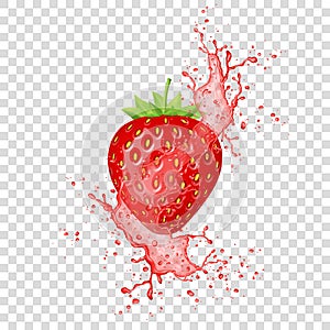 Strawberry juice splash and realistic fresh fruit.