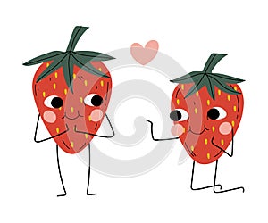Strawberry Kneeling Before Another Strawberry Making Proposal, Cheerful Berries Characters with Funny Faces, Happy