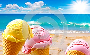 Strawberry and lemon flavored ice cream cones on the seashore and sunny beach