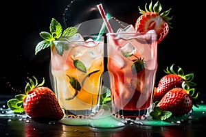 strawberry lemonade with lemon and ice in a glass, isolated on a black background