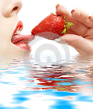 Strawberry, lips and tongue in