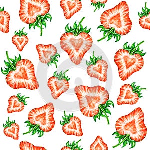 Strawberry love. Water color drawing of strawberry. Watercolor seamless strawberry pattern