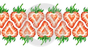 Strawberry love. Watercolor colorful strawberry drawing. Seamless watercolor frame border